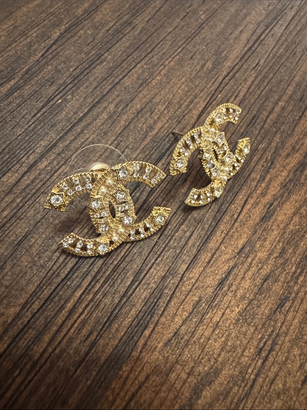 Gold CC Crystal Interlocking Logo Stud Earrings - NWT - Picture 2 of 2